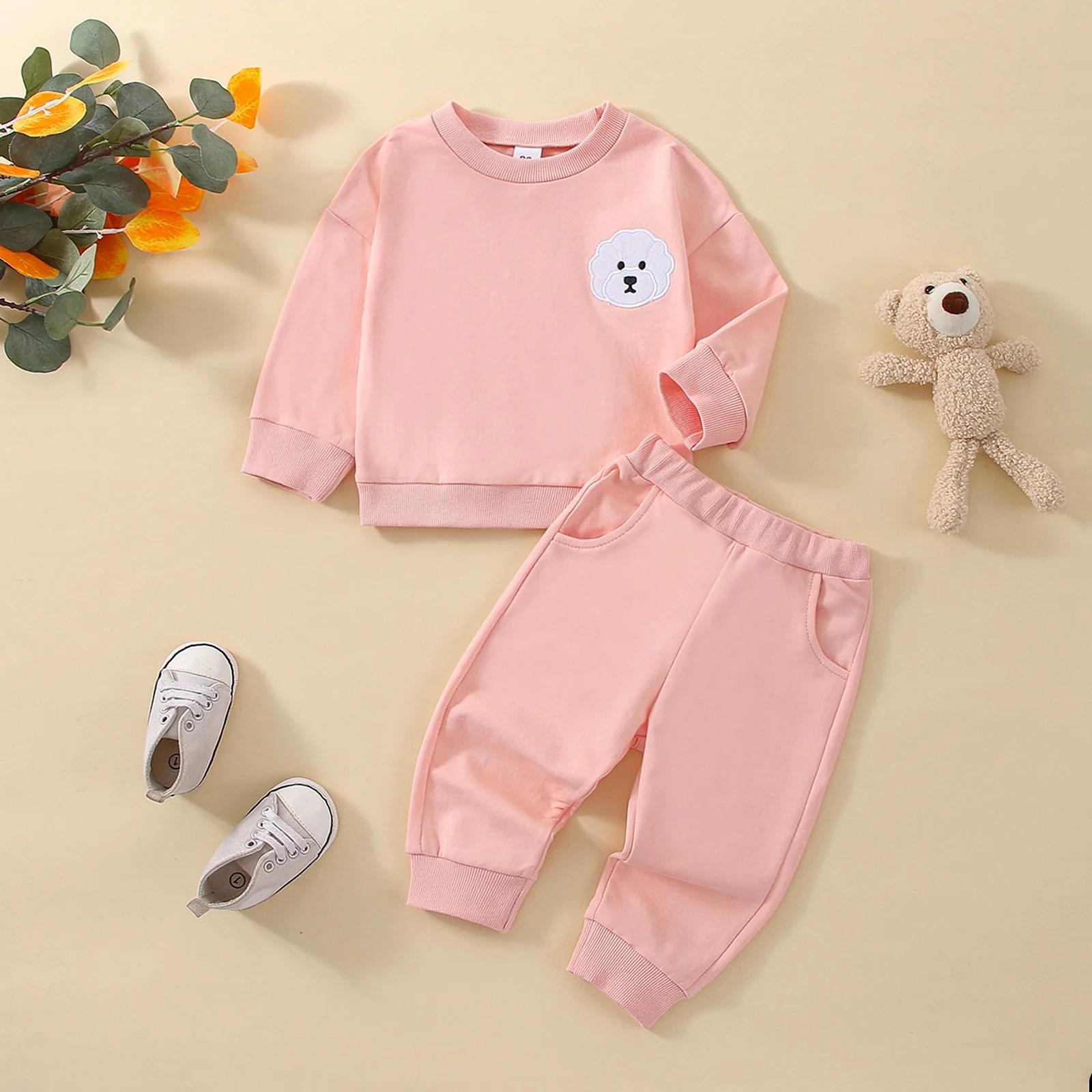 Infant Baby Girls Boys Sweatshirts Autumn Clothing Suit Embroidery Long Sleeve Pullvoer Trousers Kids Clothes Cotton